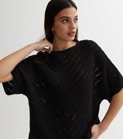 New Look Black Stitch Knit 1/2 Sleeve Batwing Top